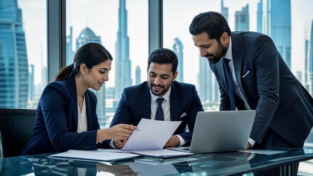 Team of three Nexorya professionals reviewing compliance documents together