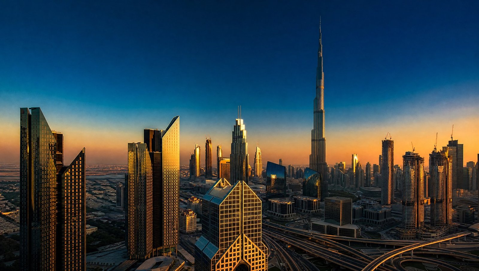 Dubai downtown skyline at golden hour with the Burj Khalifa