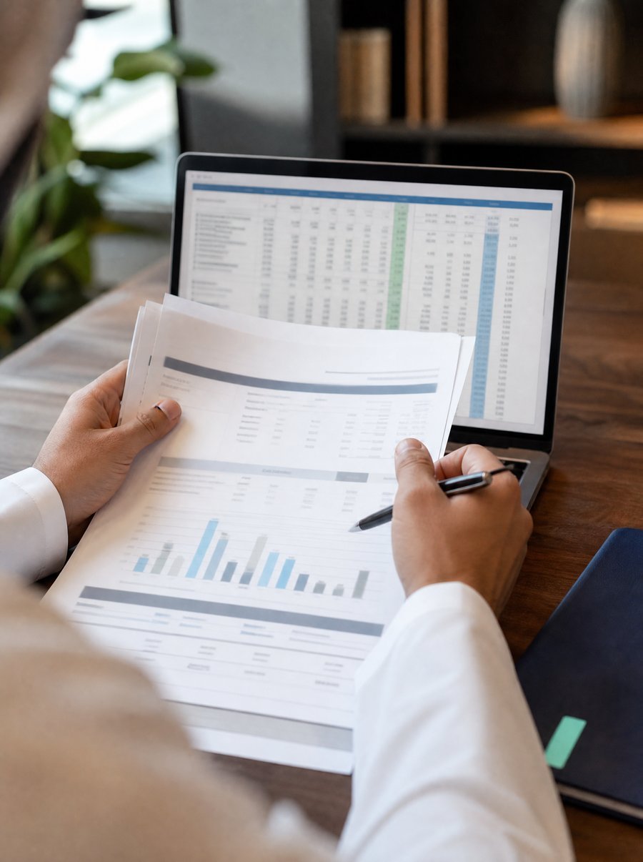 Close-up of hands reviewing tax documents on a desk