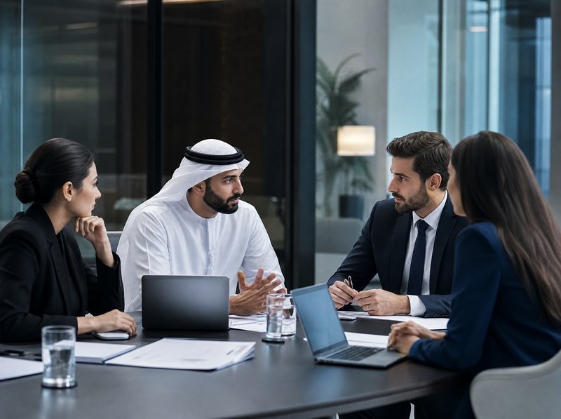 Professional advisory team meeting representing the services sector