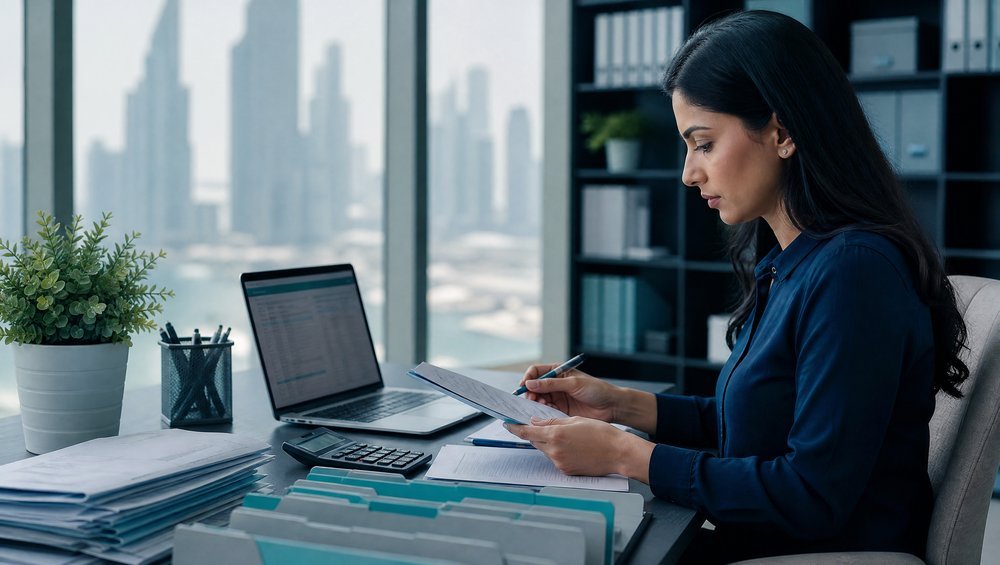 Nexorya accountant reconciling monthly bookkeeping records for a Dubai business
