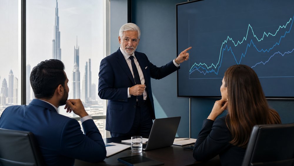 Nexorya outsourced CFO reviewing a monthly board reporting pack with a Dubai business owner