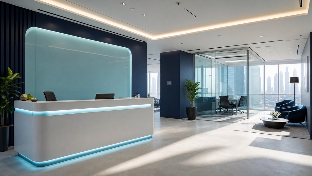 Nexorya office reception with Dubai skyline views